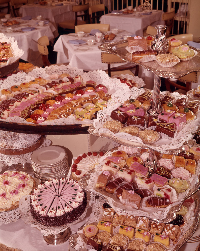 Detail of 1950s 1960s Dessert Buffet Pastries Petit Fours Pink Sweet Cakes by Anonymous