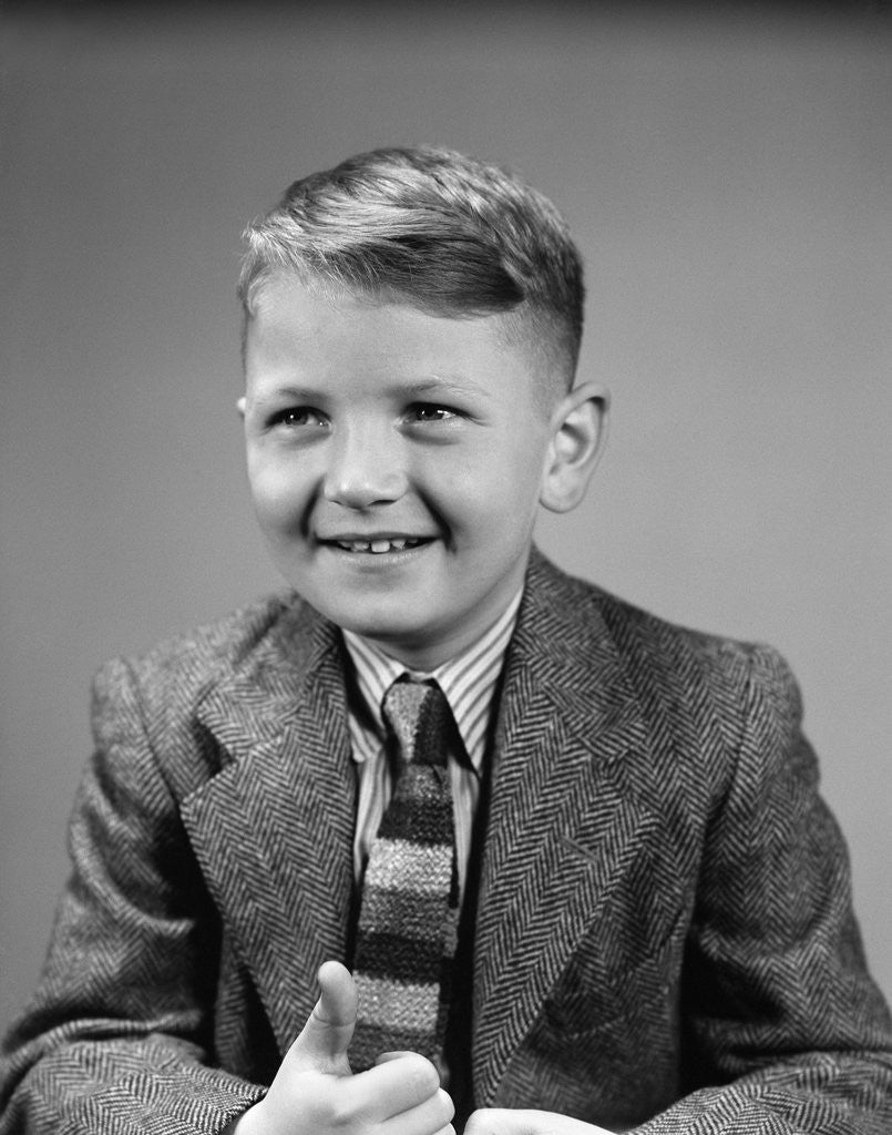 Detail of 1940s 1950s Boy Portrait Wearing Neck Tie Herringbone Jacket School Photo by Anonymous
