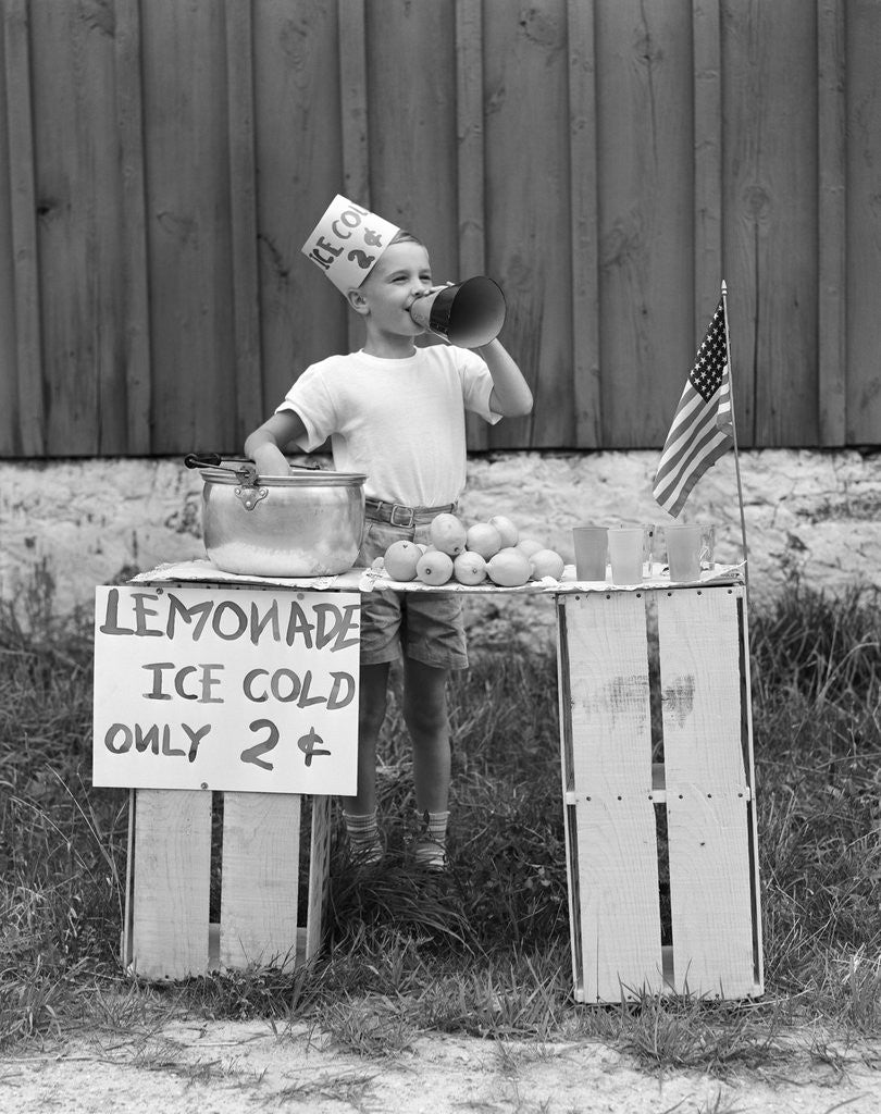 Detail of 1930s 1940s Boy At Lemonade Stand Shouting Into Megaphone by Anonymous