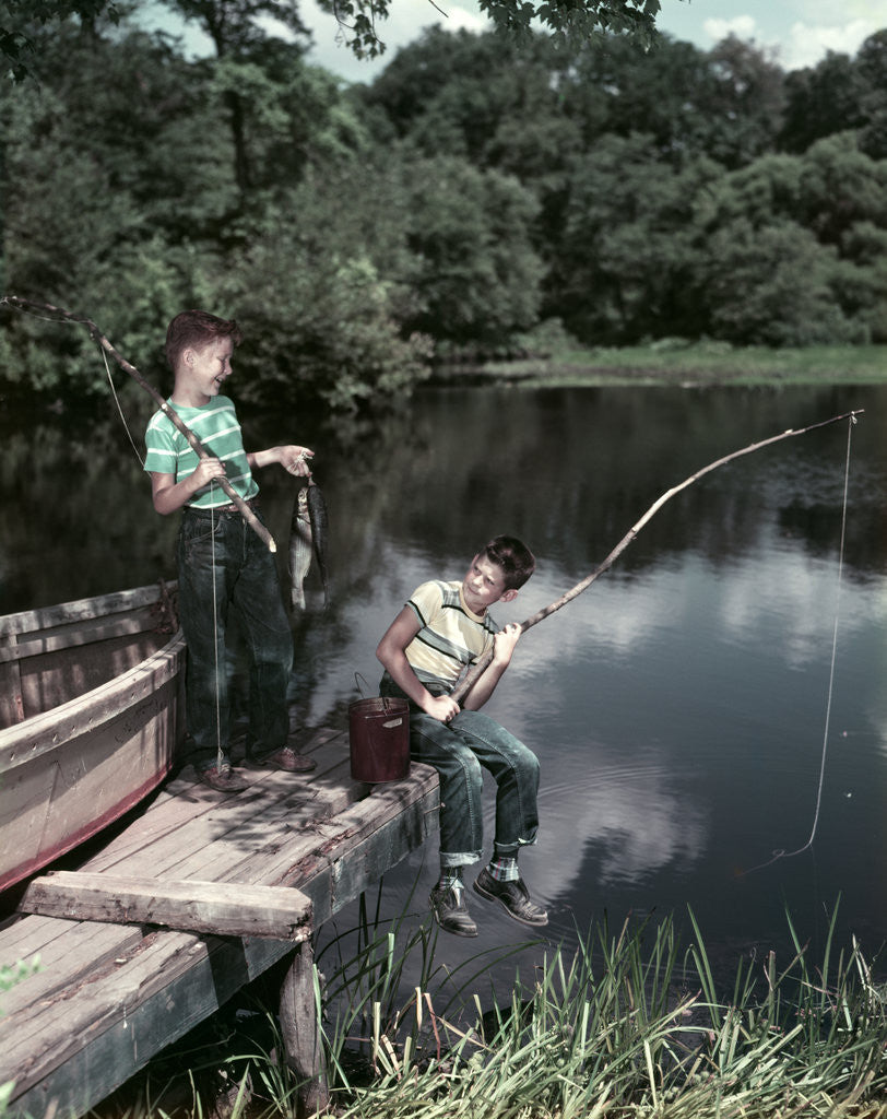Detail of 1950s Two Boys Fishing In Lake From Dock Outdoor by Anonymous