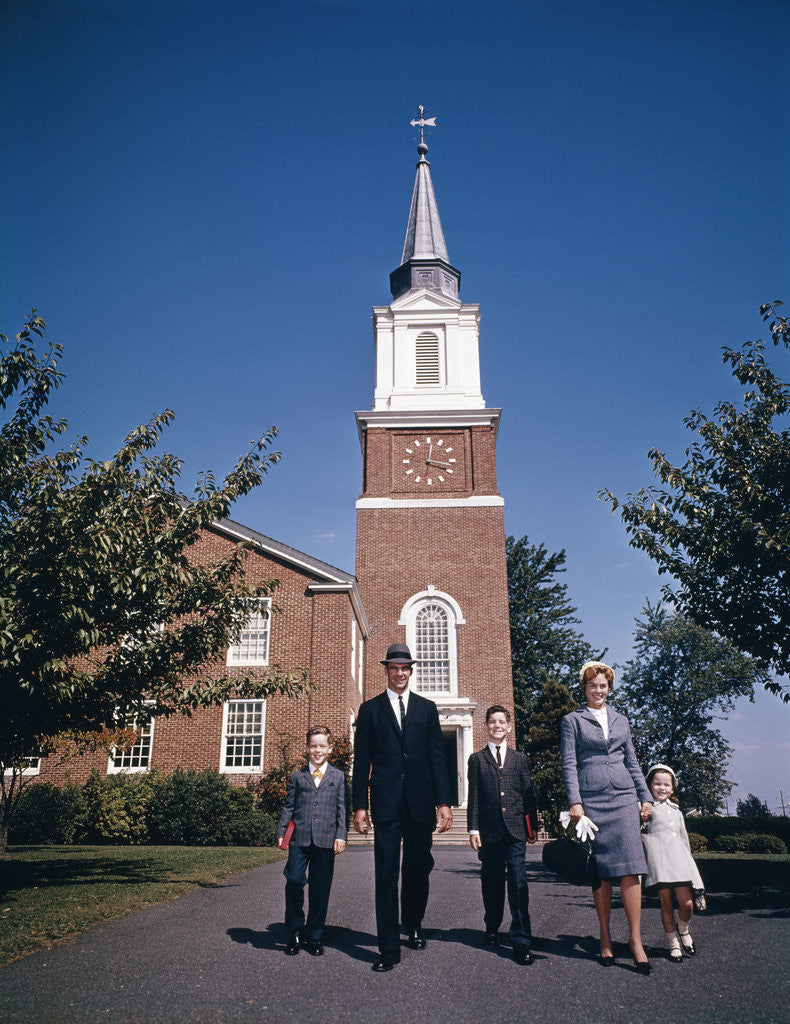 Detail of 1960s Family Walking From Red Brick Church by Corbis