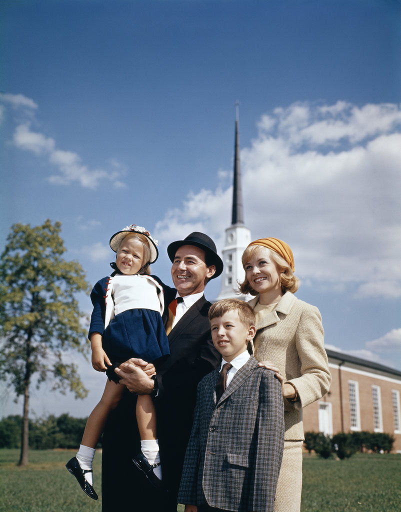 Detail of 1960s Portrait Family Standing Together In Front Of Church Outdoor by Anonymous