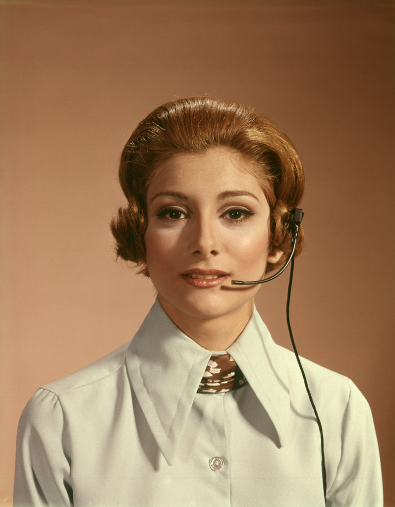 Detail of 1960s 1970s Portrait Woman Telephone Operator Receptionist Office Worker Wearing Headset by Anonymous