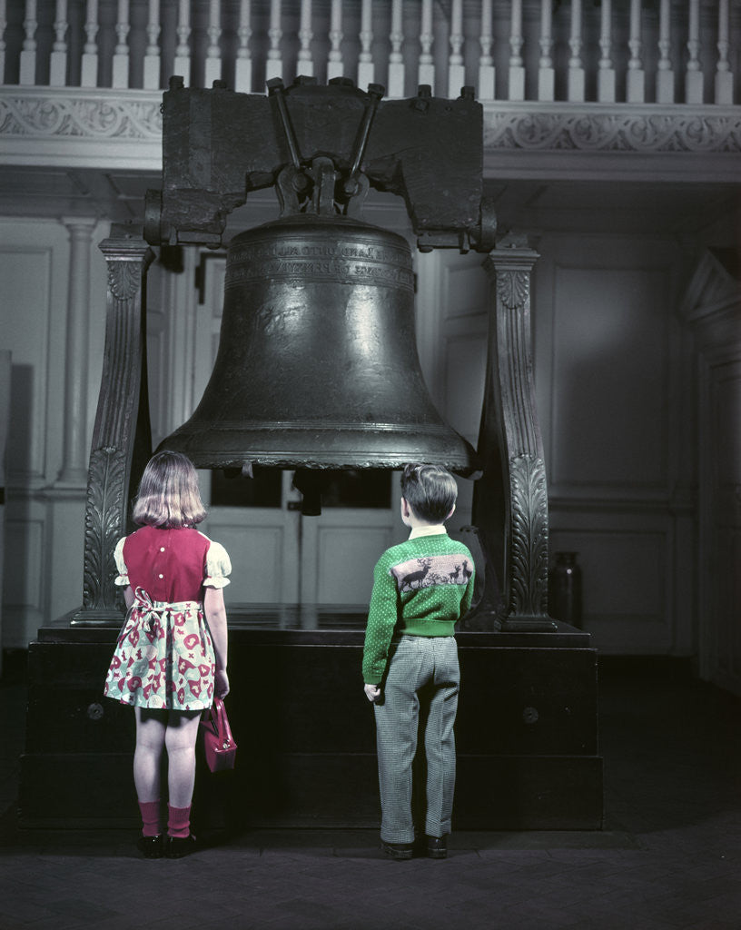Detail of 1950s Two Little Kids Stand Before Liberty Bell When Still In Independence Hall by Anonymous