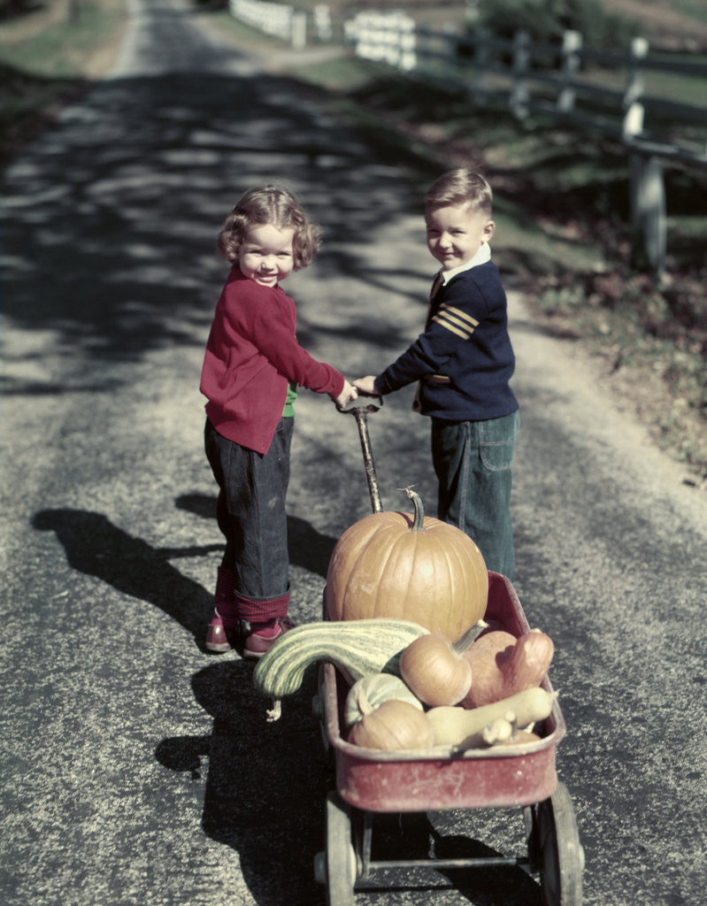 Detail of 1950s Kids In Blue Jeans Pulling Red Wagon Full Of Pumpkins by Anonymous