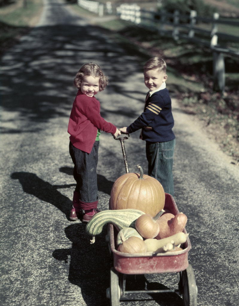 Detail of 1950s Kids In Blue Jeans Pulling Red Wagon Full Of Pumpkins by Corbis
