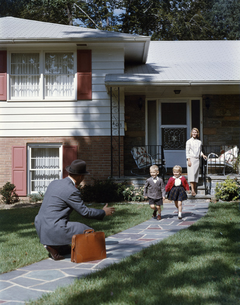 Detail of 1950s Wife Watching Man Coming Home Arms Extended To Son and Daughter by Anonymous