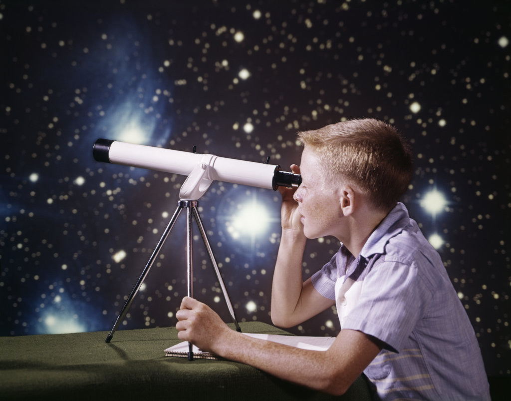 Detail of 1960s Composite Boy With Telescope On Table Looking At Night Sky With Stars Galaxy Nebula by Anonymous