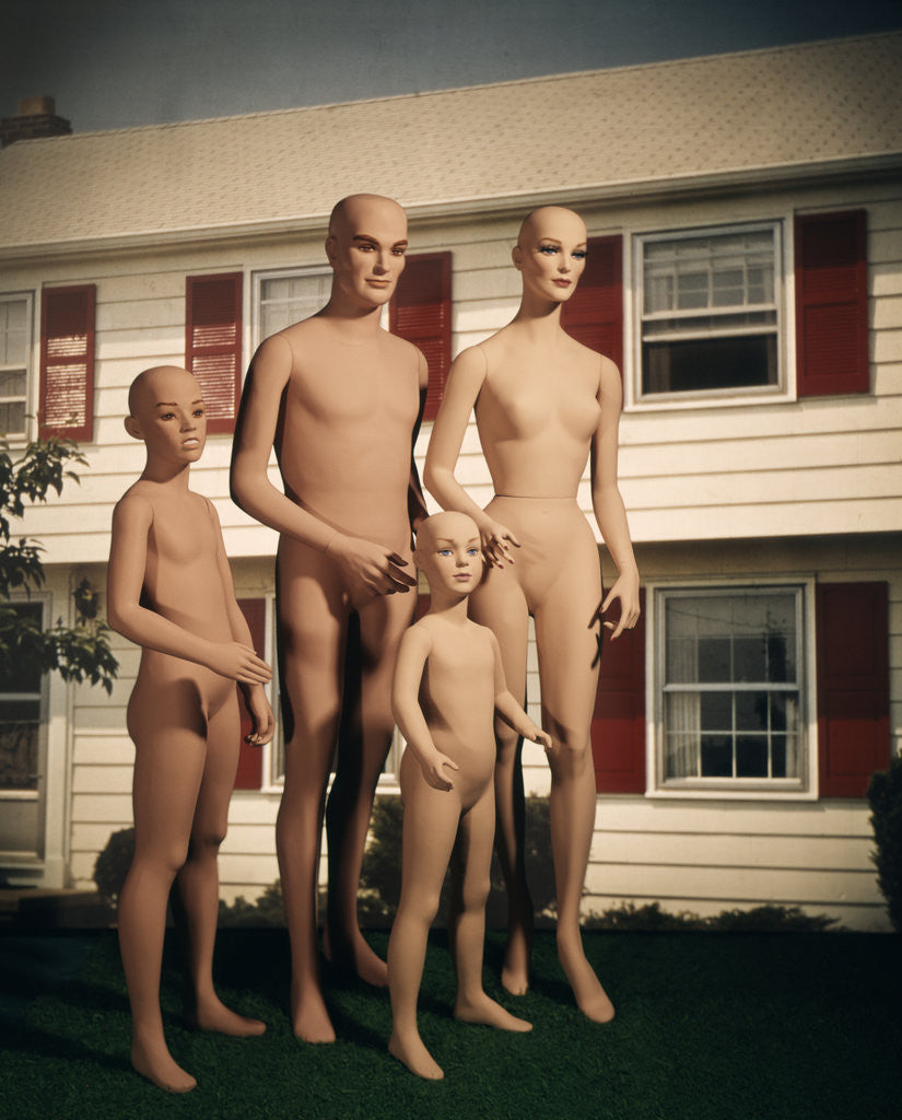 Detail of 1970s Mannequin Family Mother Father Two Children In Front Of Suburban House Outdoor by Anonymous