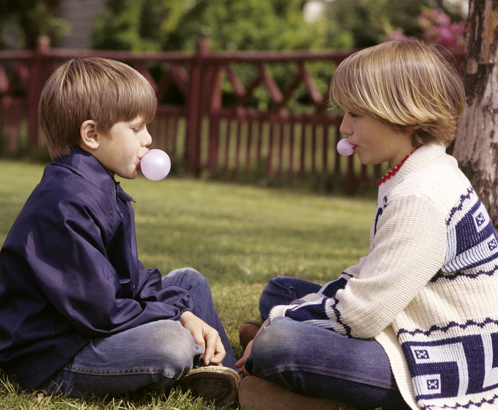 Detail of 1970s Girls Sit Face To Face Blowing Pink Bubbles With Bubble Gum by Anonymous