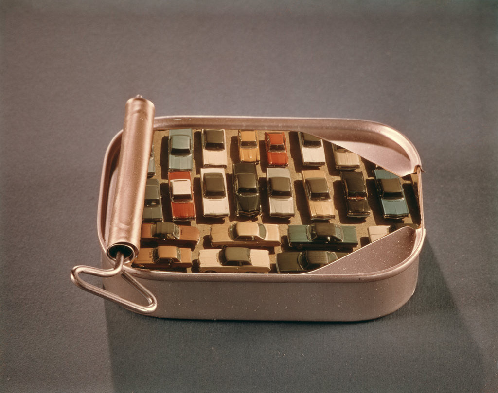 Detail of 1970s Open Sardine Can Full Cars Automobiles Packed Crowded Parking Lot by Anonymous