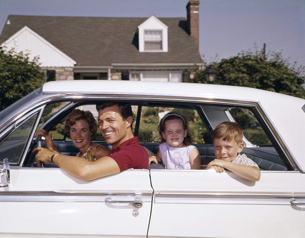 Detail of 1960s Father And Mother With Son And Daughter Sitting In White Four Door Sedan Automobile by Anonymous