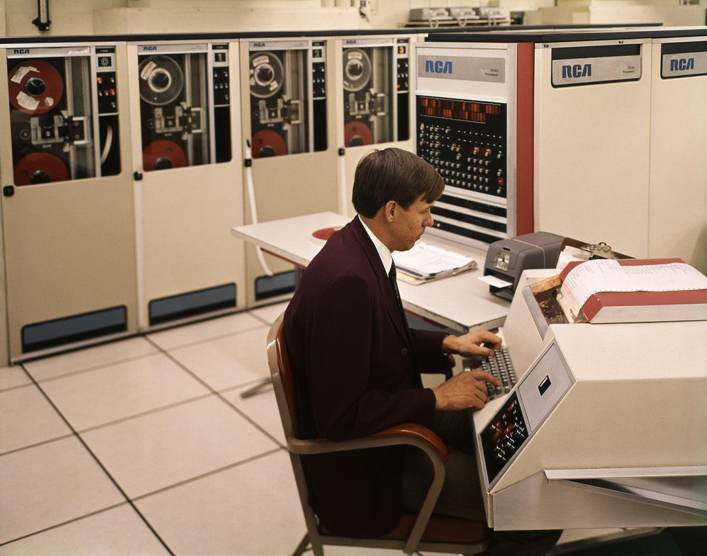 Detail of 1960s 1970s Man Seated Keyboard Work Station Rca Information System Data Processing Mainframe by Anonymous