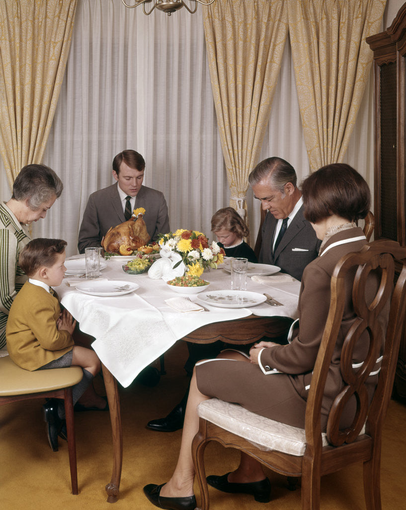 Detail of 1960s 1970s Three Generation Family Saying Grace Prayer At Thanksgiving Dinner by Anonymous