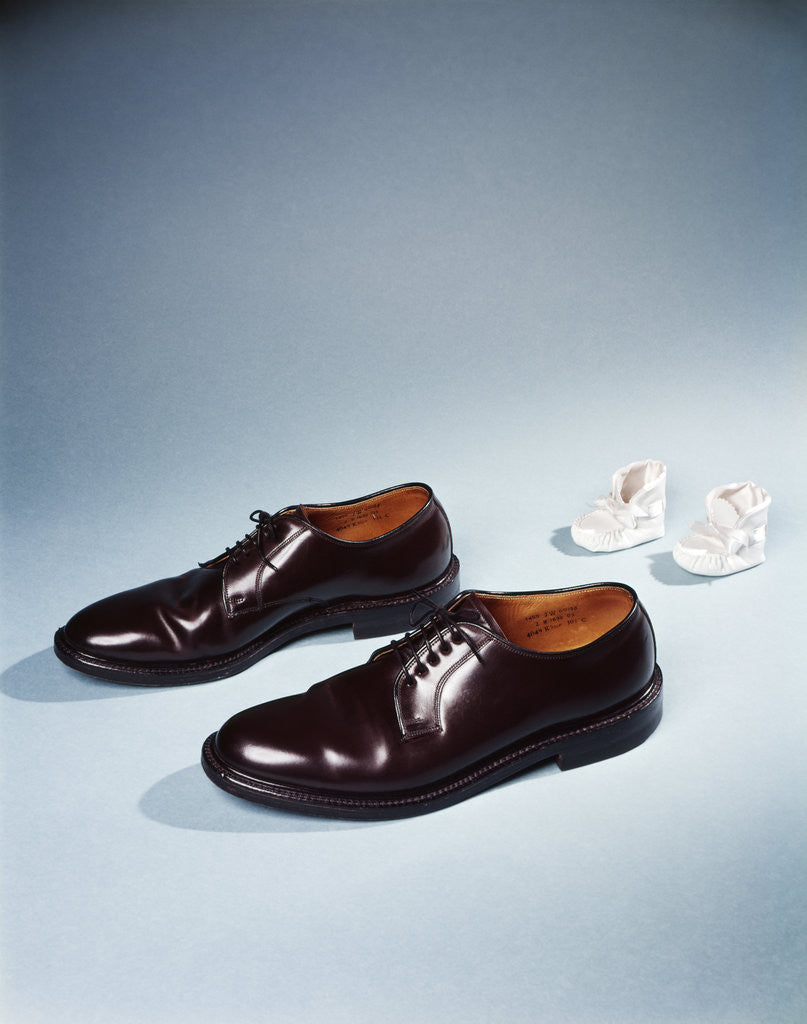 Detail of 1950s 1960s Baby Booties Follow In Footsteps of Father's Lace Up Shoes by Anonymous