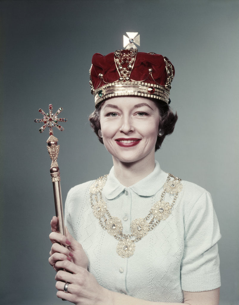 Detail of 1950s Woman Wearing A Crown Holding A Scepter, Special Queen For Day by Anonymous