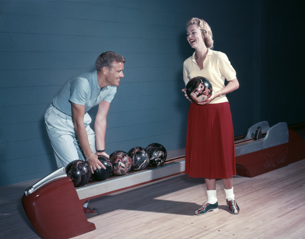Detail of 1950s Laughing Couple Man Woman Bowling by Anonymous