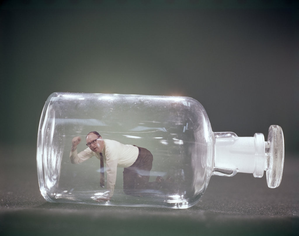Detail of 1960s Angry Man On Hands and Knees Trapped Inside Glass Bottle by Anonymous