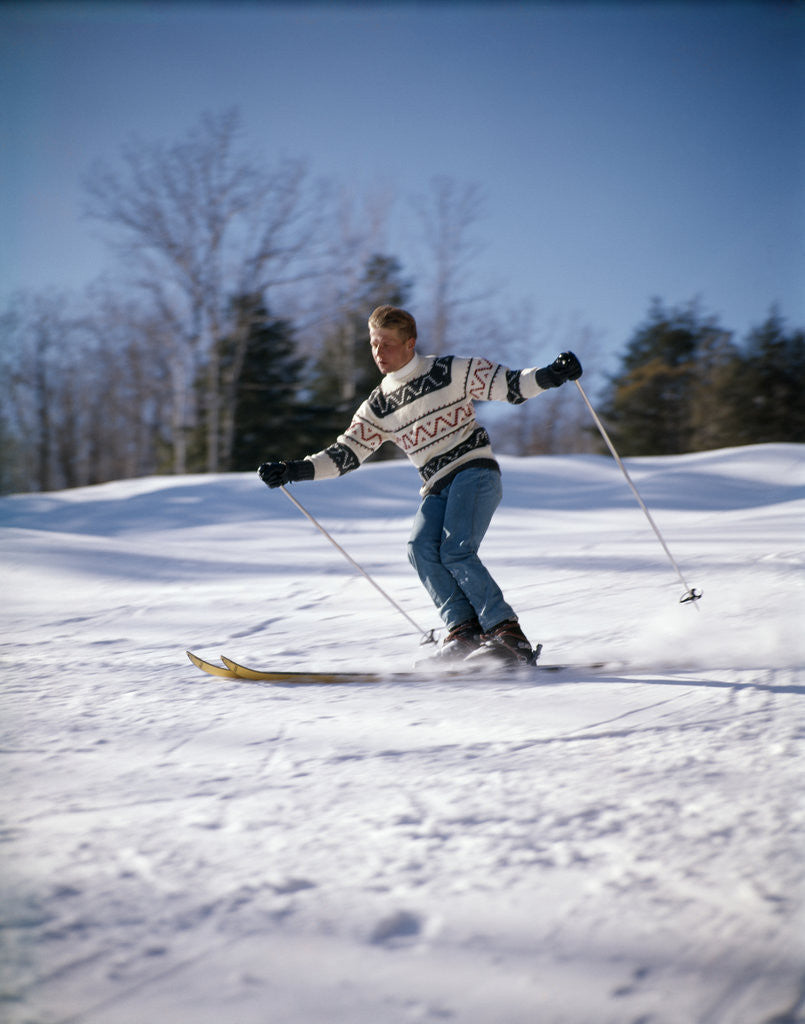 Detail of 1970s Man In Scandinavian Sweater Downhill Skiing by Anonymous