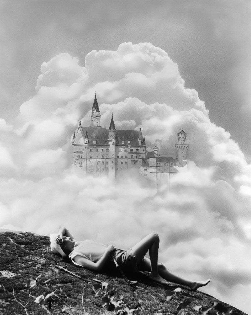Detail of 1930s Montage Of Young Woman Dreaming Of A Castle In The Clouds by Anonymous