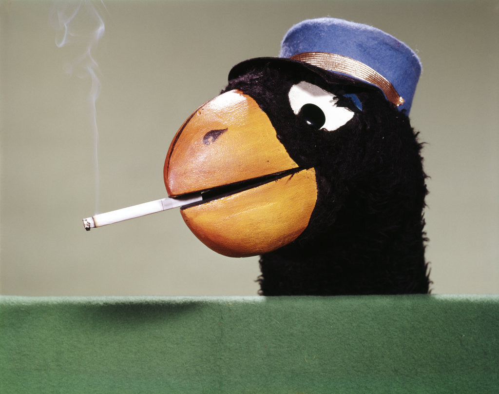 Detail of 1970s Parrot Head Costume Hand Puppet With Smoking Cigarette In Its Beak by Anonymous