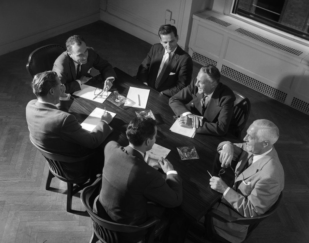 Detail of 1950s Six Businessmen Salesmen Meeting Seated Around A Conference Table by Anonymous