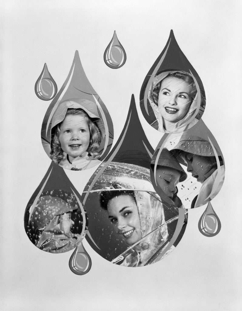 Detail of 1950s 1960s Rain Motif Montage With Faces In Rain Gear Superimposed Inside Raindrops by Anonymous