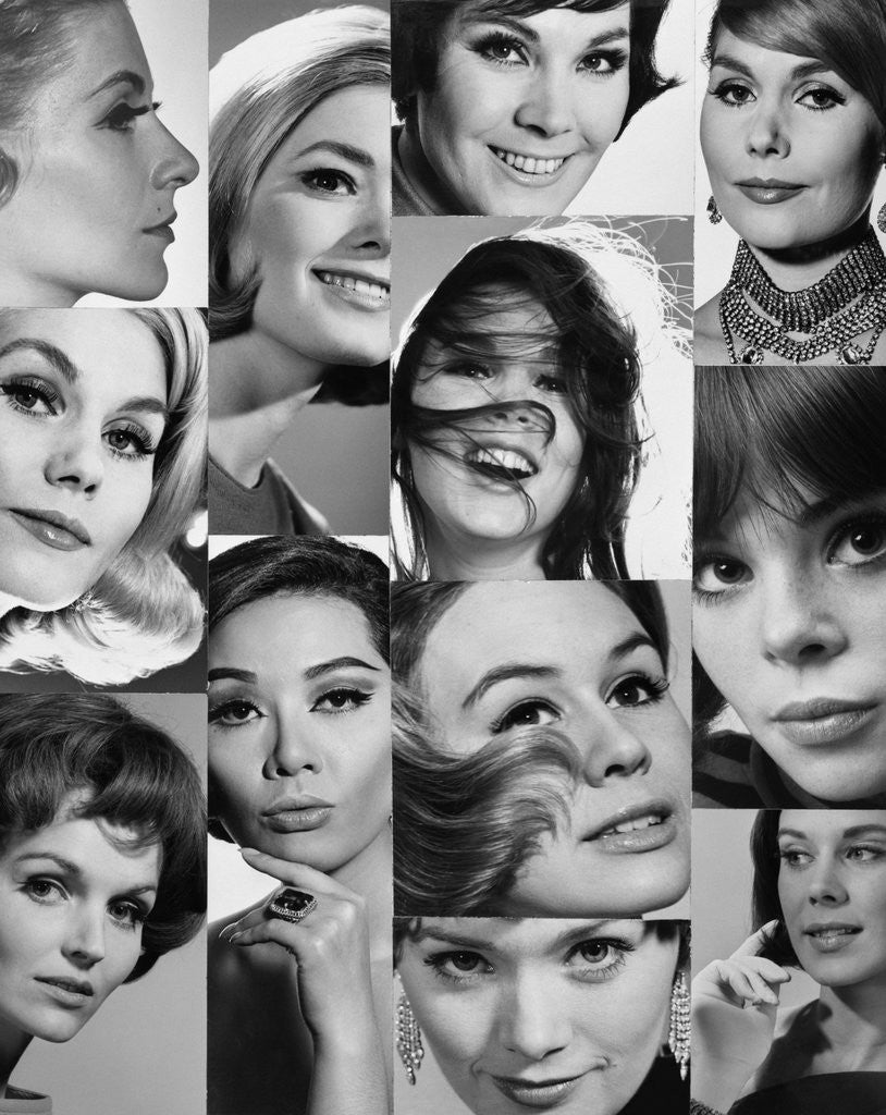 Detail of 1960s 1970s Montage Of Close-Up Portraits Of Women's Heads Eyes Noses Mouths Hair by Corbis