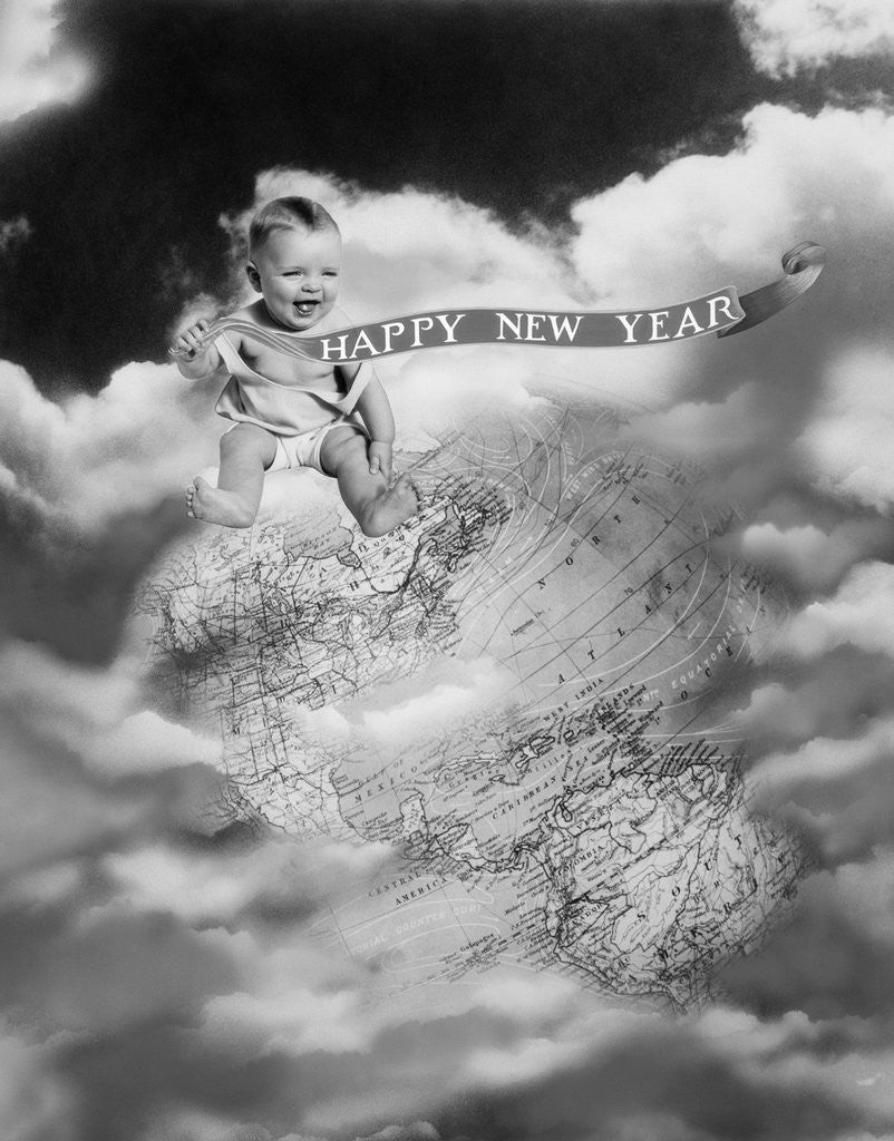Detail of 1930s Montage Baby Sitting On Top Of The World Earth Globe In Clouds Holding Happy New Year Banner by Anonymous