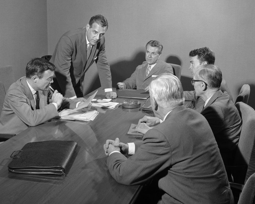 Detail of 1950s Six Businessmen Executives Around A Conference Table Talking by Anonymous