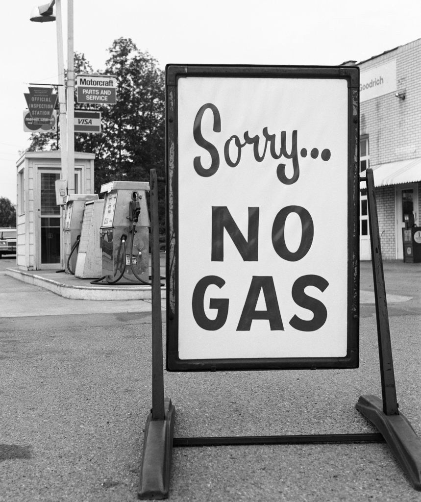 Detail of 1970s 1973 Sorry No Gas Sign Beside Gas Pumps At Service Station Due To Opec Oil Crisis by Anonymous