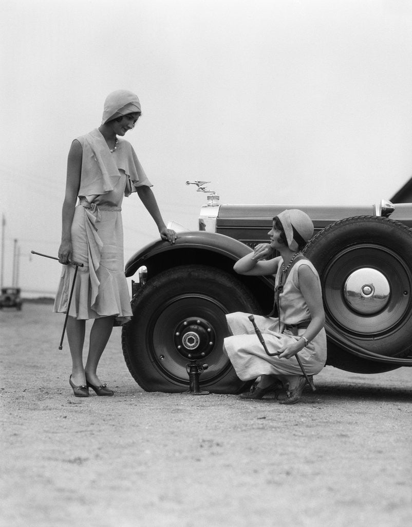 Detail of 1930s Two Women Confront An Automobile Flat Tire by Anonymous