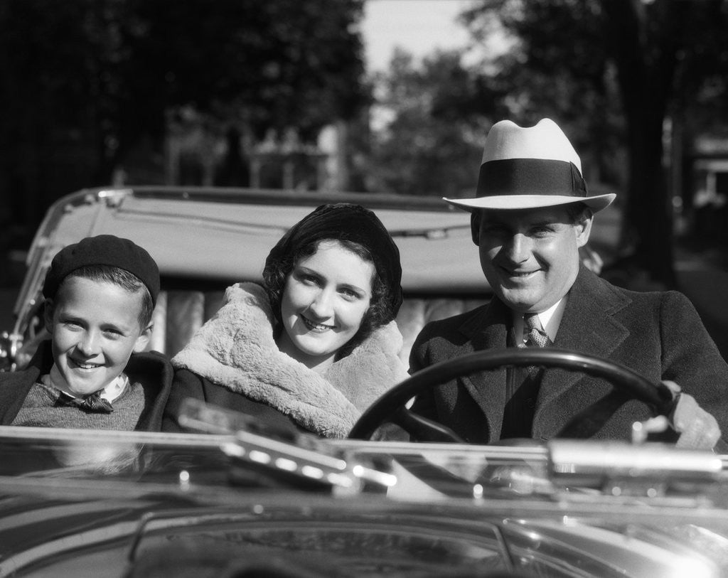 Detail of 1930s Family Portrait Man Father Woman Mother Boy Son Riding In Convertible Automobile by Anonymous