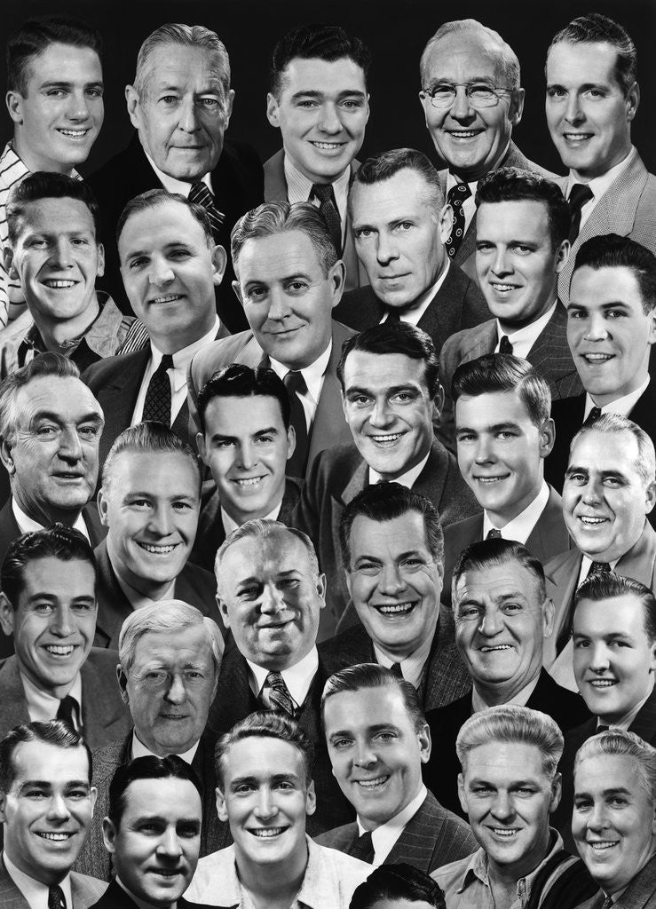 Detail of 1950s 1960s Montage Of 29 Men's Heads All Are Smiling by Anonymous