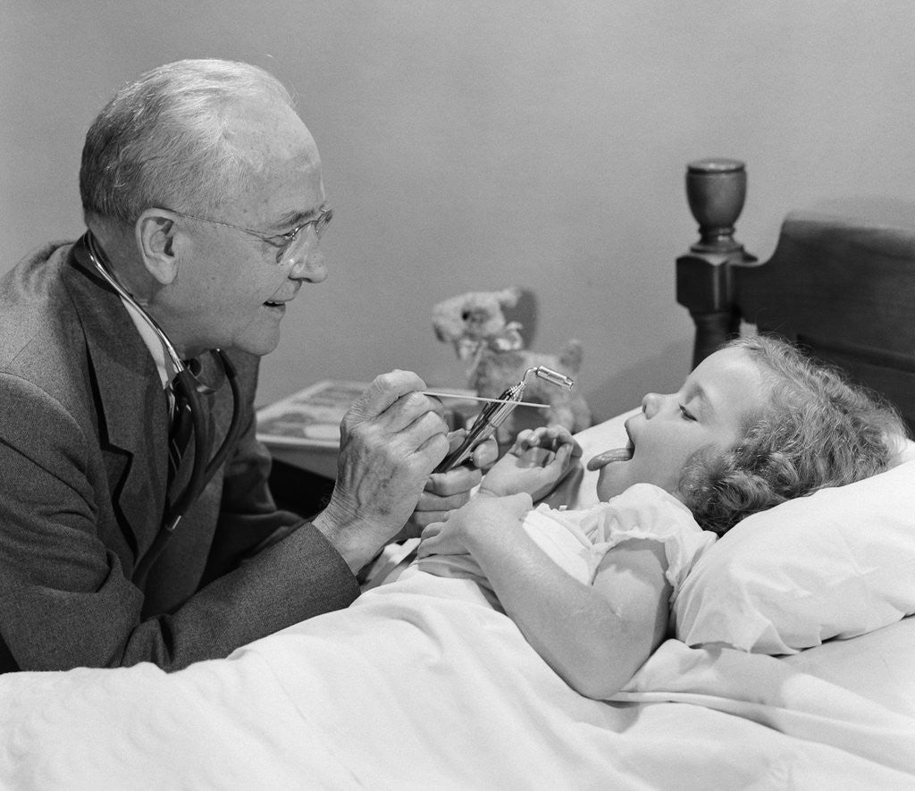 Detail of 1950s Little Girl Sick In Bed Sticking Out Her Tongue for Doctor by Anonymous