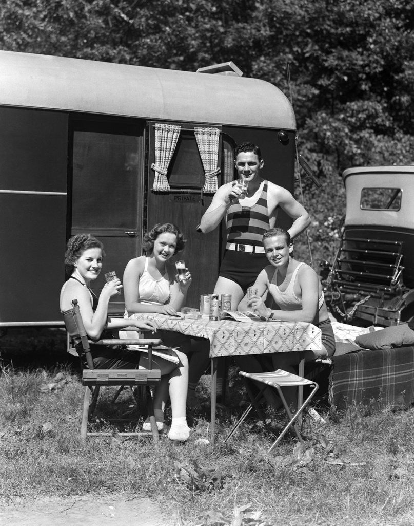 Detail of 1940 1940s Men Women Couples Camping Trailer Picnic Vacation Lunch by Anonymous