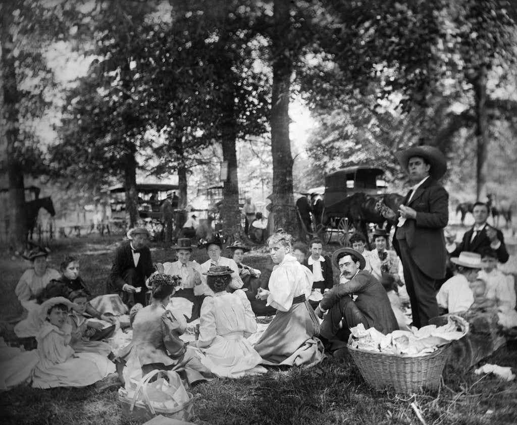 Detail of 1890s 1900s Group Having Picnic In Woods With Horses and Wagons In Background by Corbis