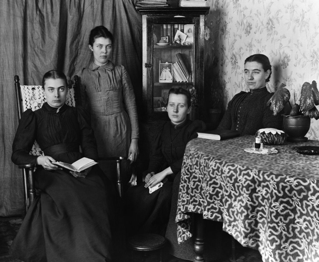 Detail of 1890s 1900s Four Female Graduate Students Gathered Around Table With Books by Anonymous