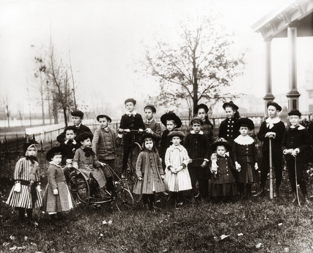 Detail of 1890s 1900s Posed Group 18 Neighborhood Children On Front Yard by Corbis