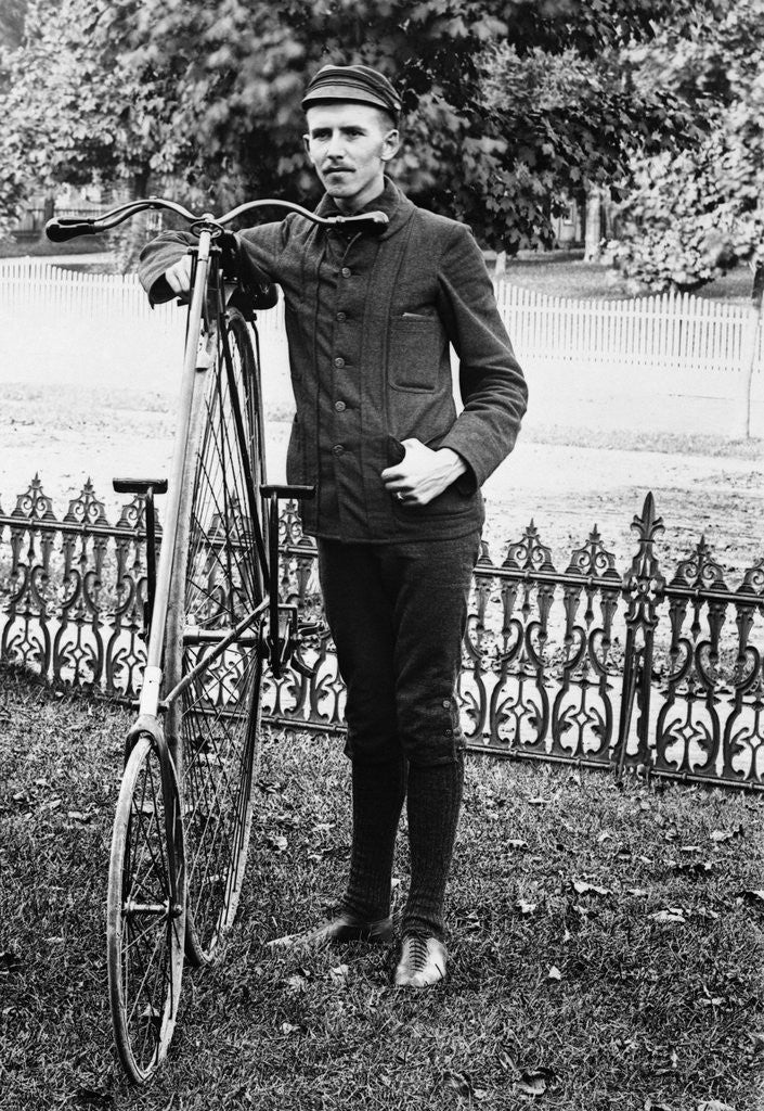 Detail of 1880s 1890s Man Called Wheelman Next To High Wheel Ratchet Drive Bicycle by Corbis