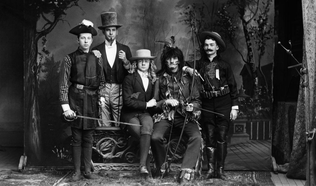 Detail of 1890s 1900 Portrait Five Men Actors In Various Costumes Against Painted Studio Backdrop by Anonymous