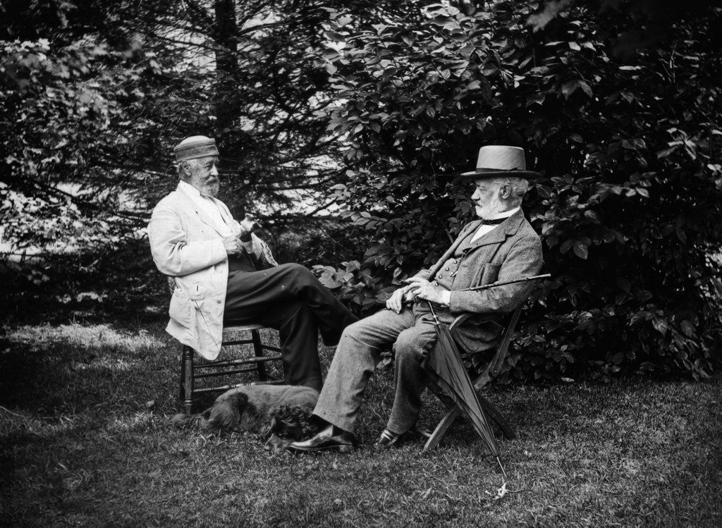 Detail of 1900 Two Men Sitting Outside In Chairs Among Trees Smoking Cigars Talking Dog Laying At Their Feet by Anonymous
