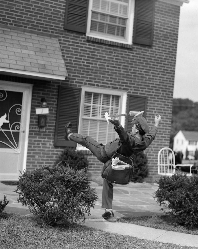 Detail of 1950s Man Mailman Tripping Falling In Front Of A Suburban Brick House Accident by Anonymous