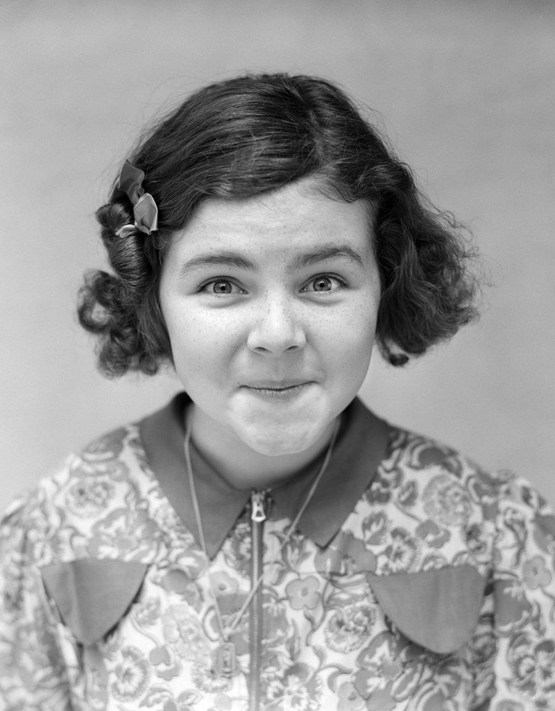 Detail of 1930s Portrait Wide-Eyed Girl At Camera Lips Mouth Closed by Anonymous