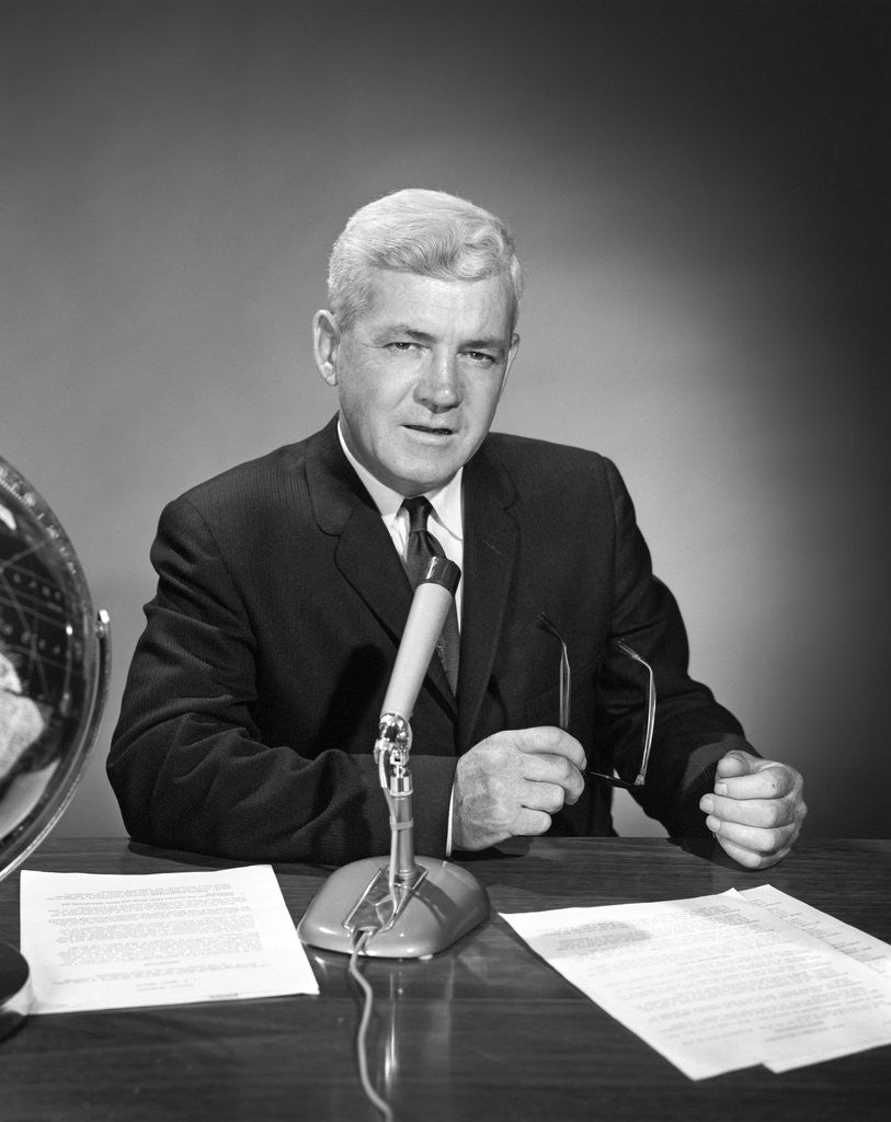 Detail of 1960s Man Announcer Newscaster Talking At Microphone Indoor Studio Symbolic Freedom Of Speech by Anonymous
