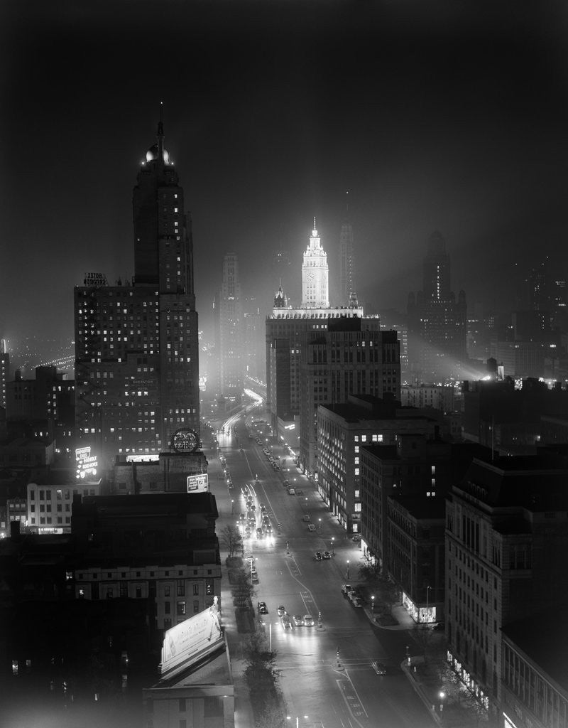 Detail of 1950s Night Aerial Chicago Illinois Looking Down On Michigan Avenue by Anonymous