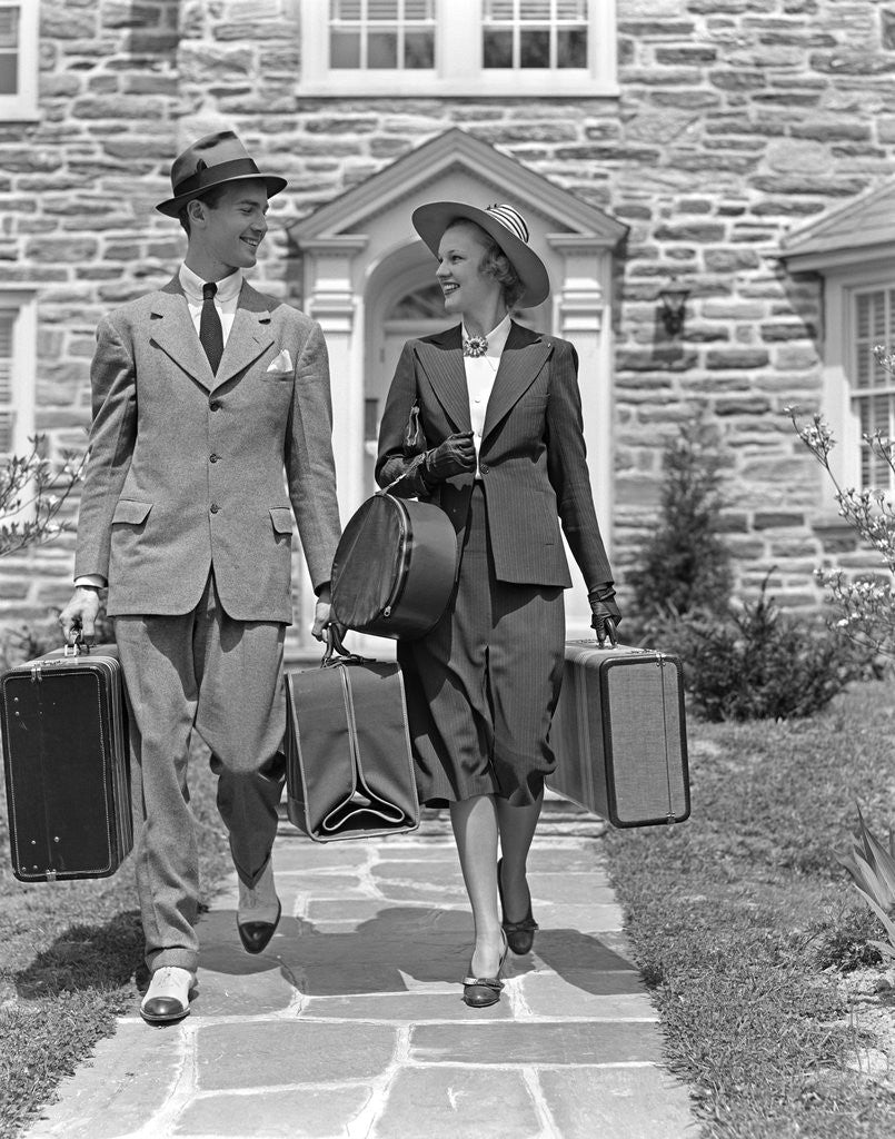 Detail of 1930s 1940s Couple Leaving Home Carrying Luggage by Anonymous