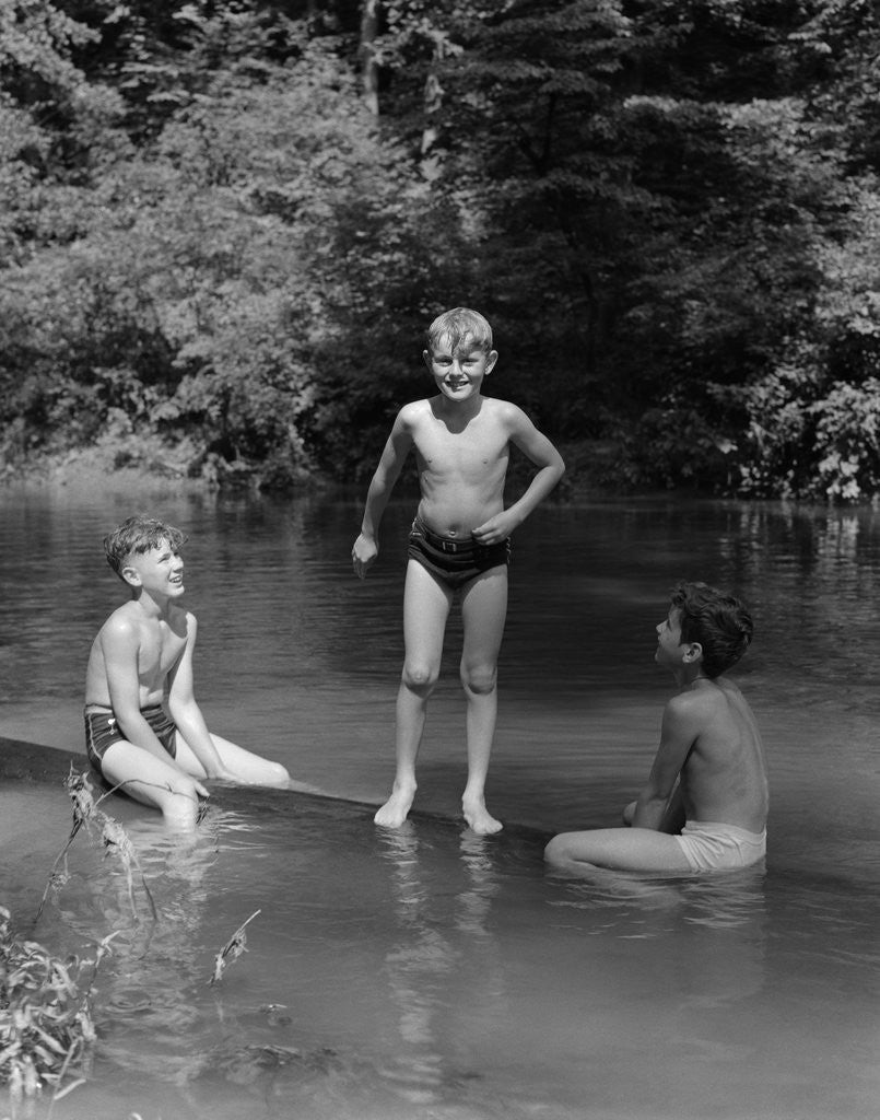 Detail of 1940s Three Boys Outdoor In Swimming Hole by Corbis