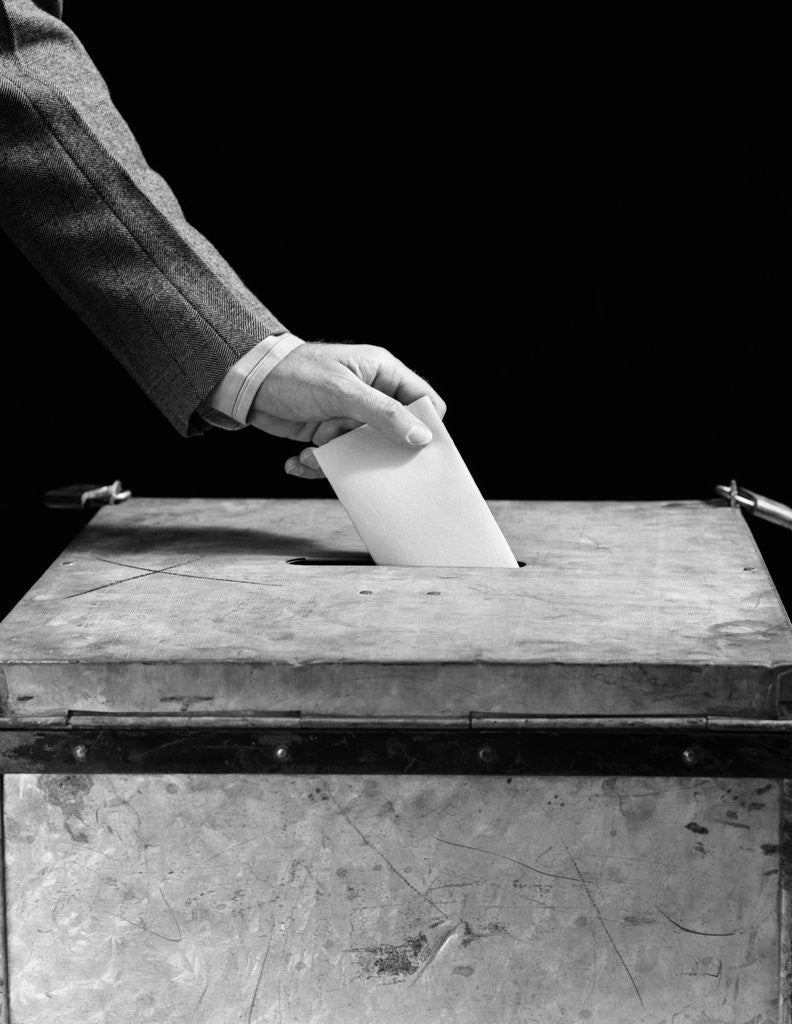 Detail of 1930s 1940s Man's Hand Putting Ballot In Slot In Box by Anonymous