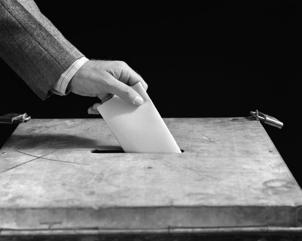 Detail of 1930s 1940s Male Hand Dropping Paper Ballot In Voting Box by Anonymous